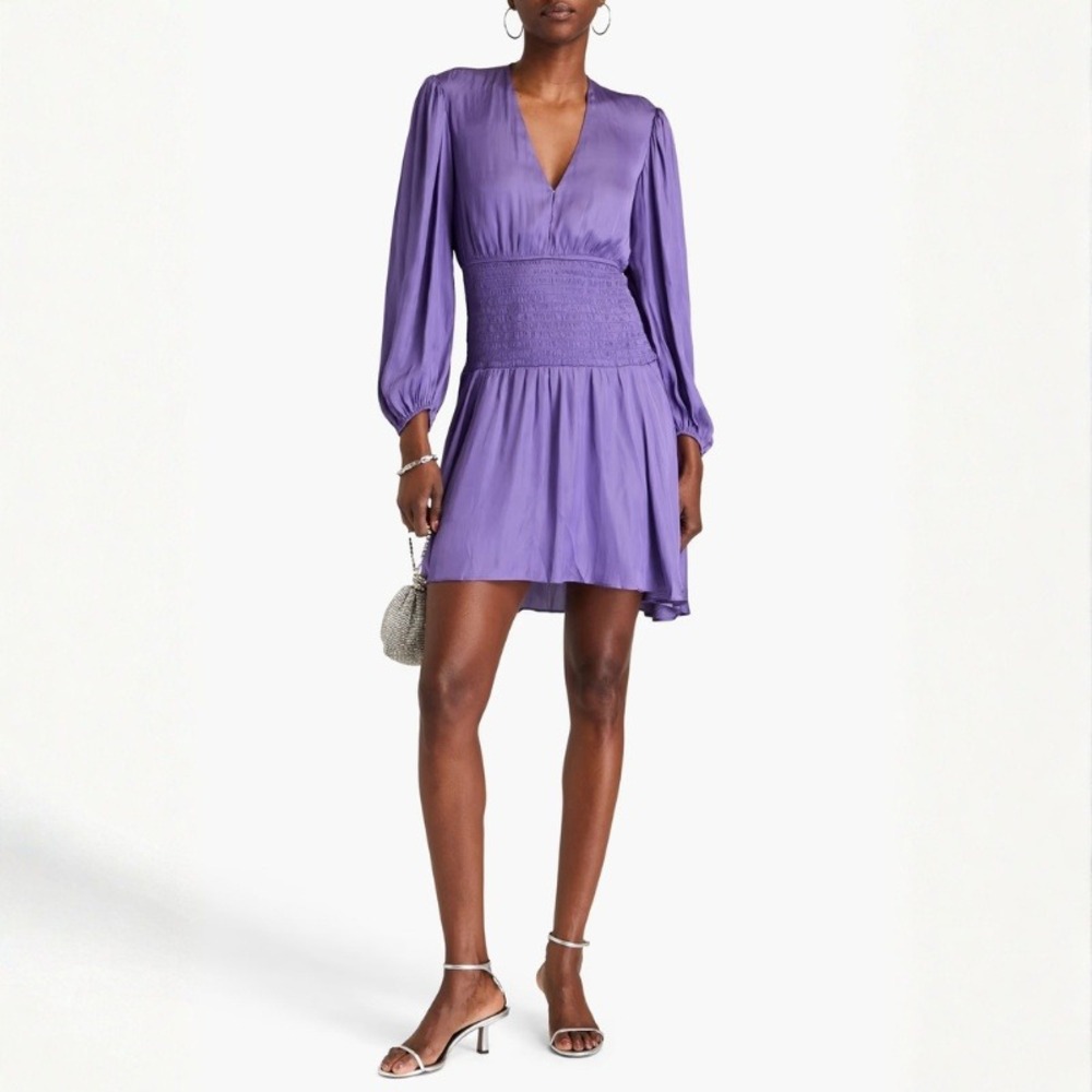 MAJE Shirred Satin Mini Dress in Violet Purple Smocked Size 34 / US XS NWT